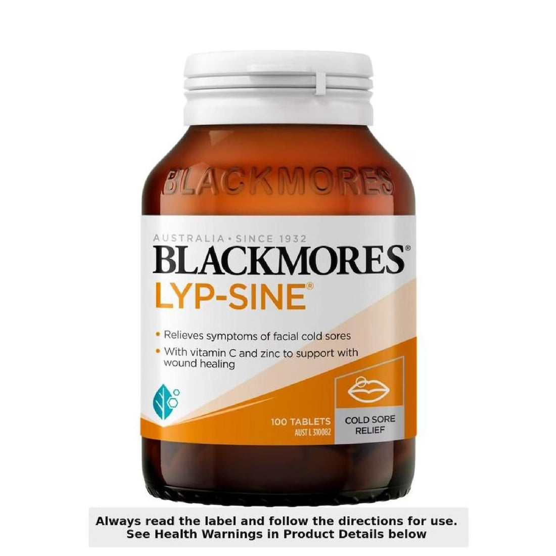 Blackmores Lyp-Sine 100 Tablets for cold sore treatment, immune support, and skin health.