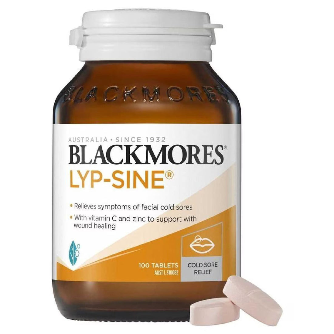 Blackmores Lyp-Sine 100 Tablets for cold sore treatment, immune support, and skin health.