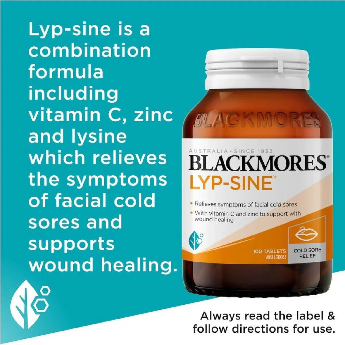 Blackmores Lyp-Sine 100 Tablets is a dietary supplement designed to support immune function and relieve cold sores. This product features 100 tablets in a bottle.