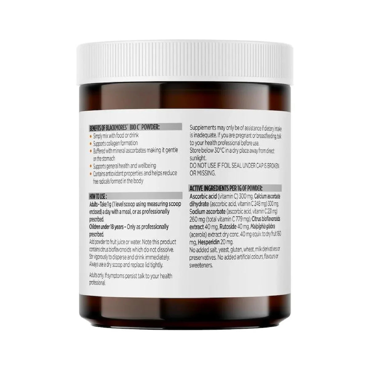 Blackmores Bio C Powder Vitamin C 125g container with a natural, healthy look, featuring a white label and orange branding.