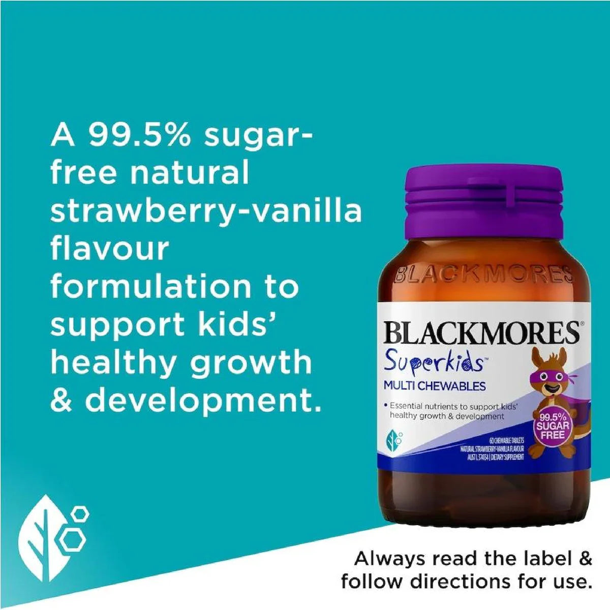 Blackmores Superkids Multi Chewables 60 Tablets, a dietary supplement with essential vitamins and minerals for children's growth and development.