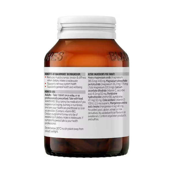 Blackmores Bio Magnesium 100 Tablets bottle front view, premium magnesium supplement for muscle relaxation and overall wellness.
