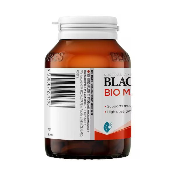 Blackmores Bio Magnesium 100 Tablets bottle front view, premium magnesium supplement for muscle relaxation and overall wellness.