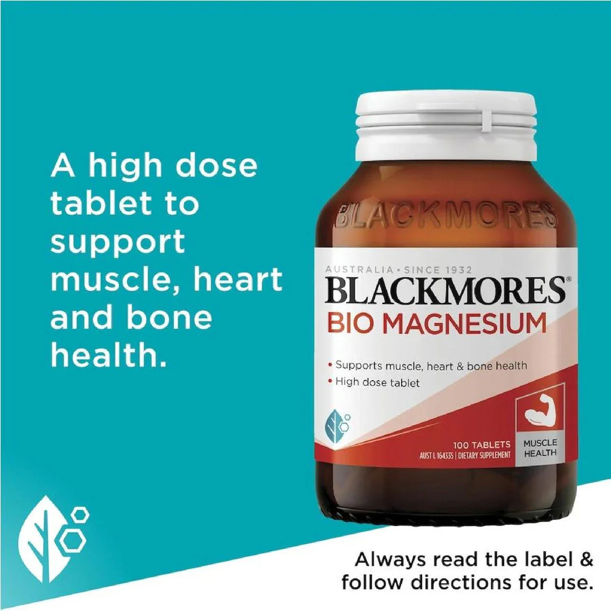 Blackmores Bio Magnesium 100 Tablets bottle front view, premium magnesium supplement for muscle relaxation and overall wellness.