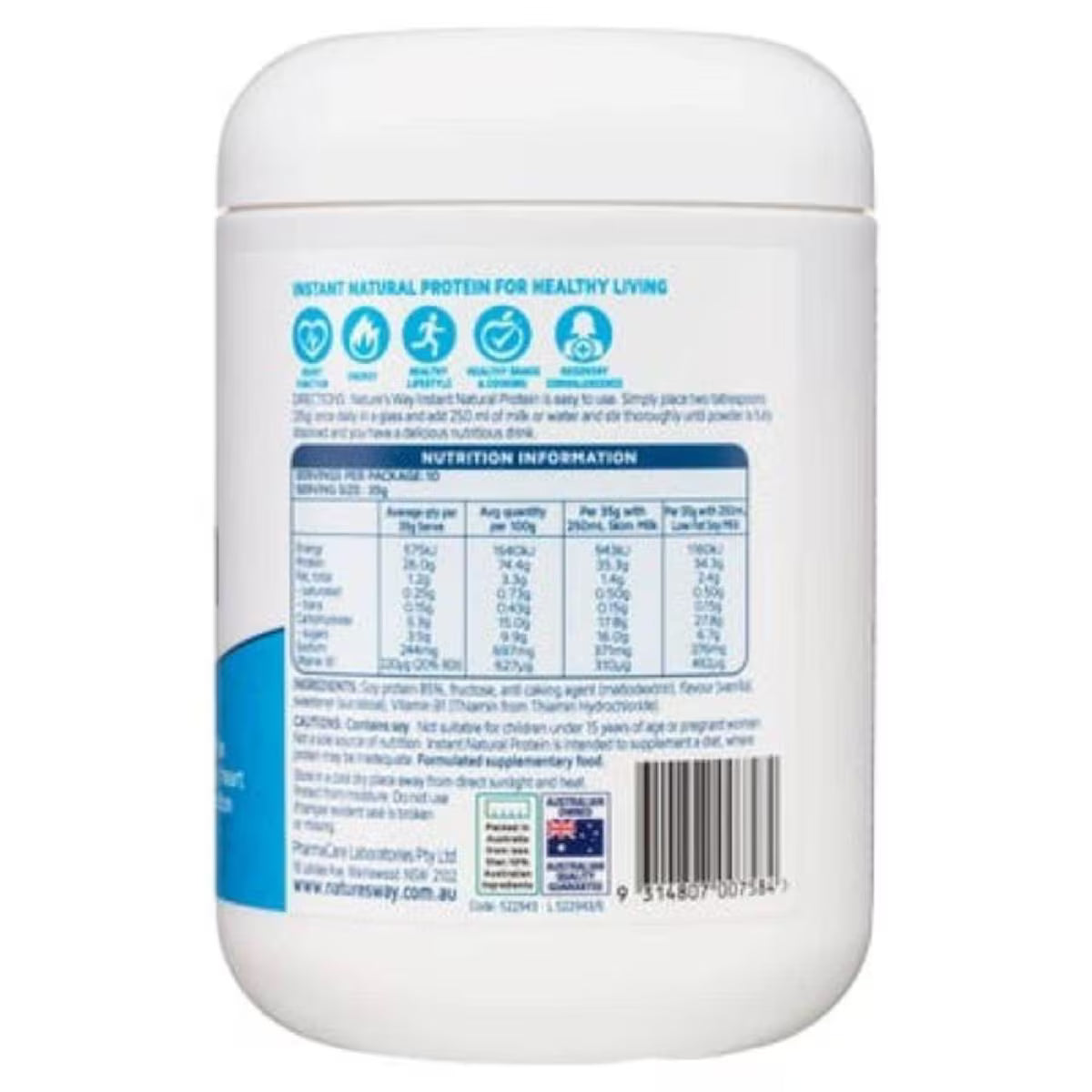 Nature’s Way Instant Plant Based Protein Powder Vanilla 375g tub – high-protein vegan supplement made from plant ingredients with natural vanilla flavor