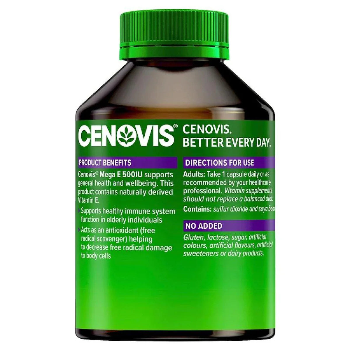 Cenovis Mega E 500IU 250 Capsules bottle – natural vitamin E supplement for heart health, antioxidant support, and immune function.