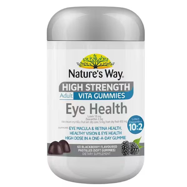 Nature’s Way High Strength Adult Vita Gummies Eye Health 60 Pack – lutein and zeaxanthin gummies for eye support and vision health, delicious fruit flavour supplement for adults.