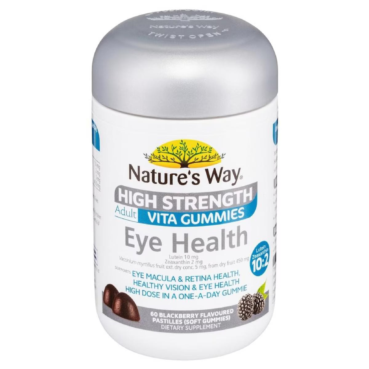 Natures Way High Strength Adult Vita Gummies Eye Health 60 Pack, a bottle of chewable vitamins designed to support eye health with essential nutrients for adults.