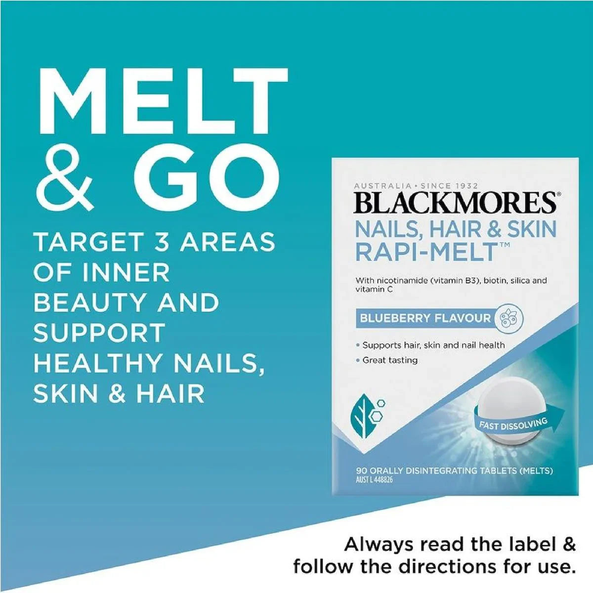 Blackmores Energy B12 Rapi-Melt Cherry 90 Tablets packaging with cherry flavor, designed to boost energy and support healthy B12 levels.