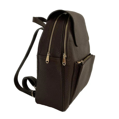 Dark brown genuine leather women's backpack by LeatherLuxe with sleek design, premium finish, and spacious compartments.