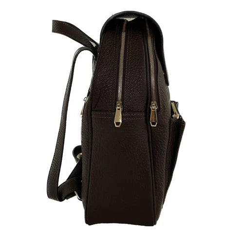 Dark brown genuine leather women's backpack by LeatherLuxe with sleek design, premium finish, and spacious compartments.