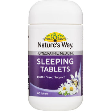 Nature’s Way Sleeping Tablets 60 pack bottle on white background – natural sleep aid with herbal ingredients for restful night support