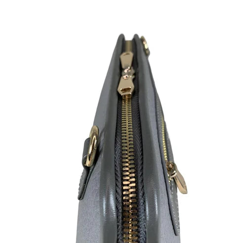 Elegant gray leather clutch bag by LeatherLuxe, featuring a minimalist design with detachable crossbody strap, premium stitching, and gold-tone hardware.