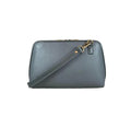Elegant gray leather clutch bag by LeatherLuxe, featuring a minimalist design with detachable crossbody strap, premium stitching, and gold-tone hardware.