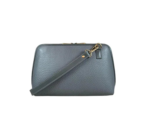 Elegant gray leather clutch bag by LeatherLuxe, featuring a minimalist design with detachable crossbody strap, premium stitching, and gold-tone hardware.