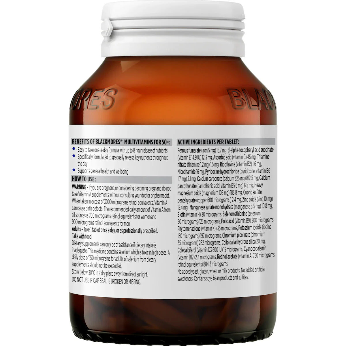 Blackmores Multivitamins for 50+ sustained release tablets 60 pack bottle – daily multivitamin supplement for adults over 50 supporting energy, immunity, and wellbeing.