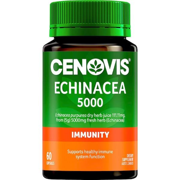 Cenovis Echinacea 5000 Capsules bottle – 60 pack, natural herbal supplement for immune system support and wellness.