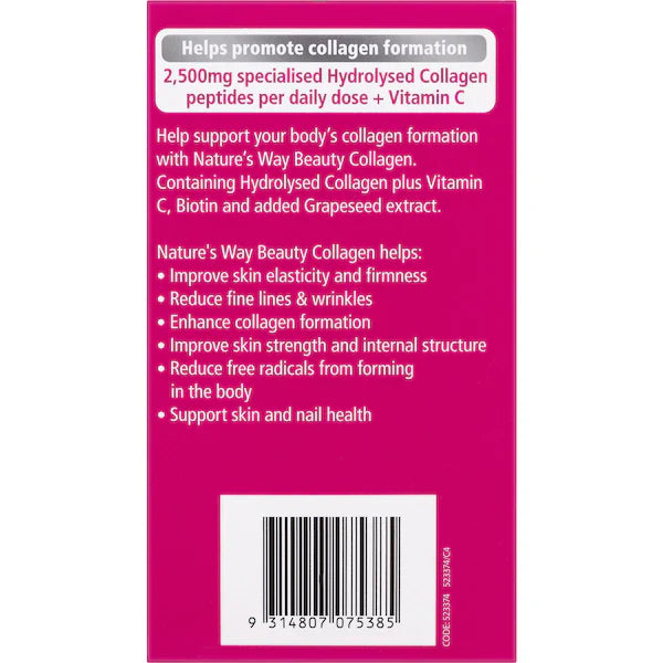 Nature's Way Beauty Collagen Tablets 120 pack, a dietary supplement designed to promote healthy skin, hair, and nails with collagen support in each tablet.