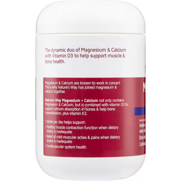 Nature's Way Magnesium + Calcium Muscle & Bones 150 pack, a dietary supplement bottle designed to support muscle function and bone health with magnesium and calcium.