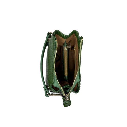 Elegant green leather handbag with gold-tone hardware — LeatherLuxe women’s shoulder bag made from premium genuine leather, ideal for everyday style and fashion.
