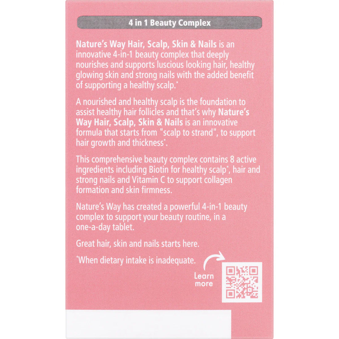 Nature's Way Beauty Hair Scalp Skin & Nails Tablets 60 Pack – vitamin and mineral supplement for healthy hair growth, glowing skin, and strong nails in a white and pink bottle.