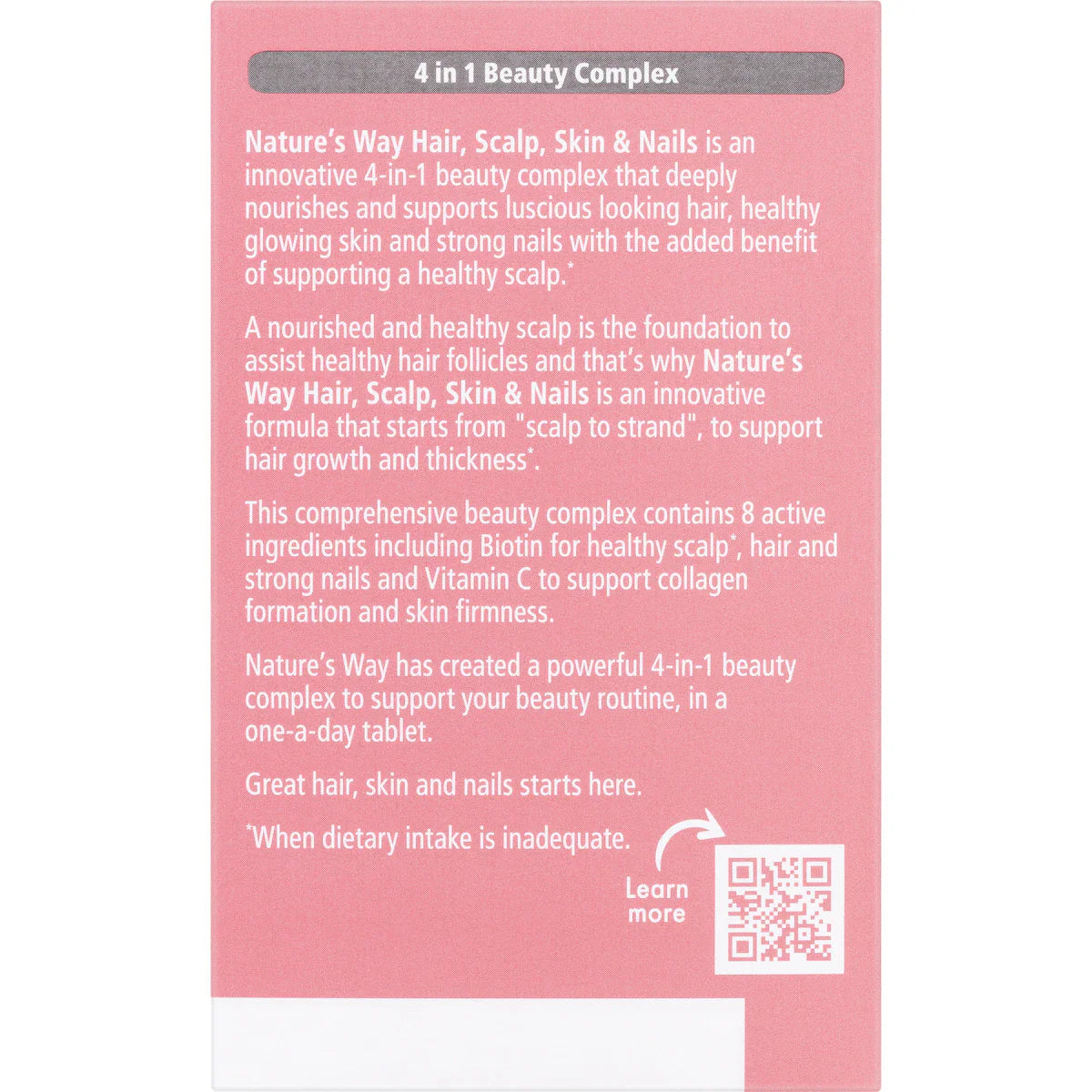 Nature's Way Beauty Hair Scalp Skin & Nails Tablets 60 Pack – vitamin and mineral supplement for healthy hair growth, glowing skin, and strong nails in a white and pink bottle.