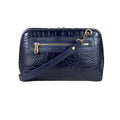 LeatherLuxe navy blue leather clutch bag and shoulder crossbody handbag for women – elegant, premium genuine leather design with adjustable strap and gold accents.