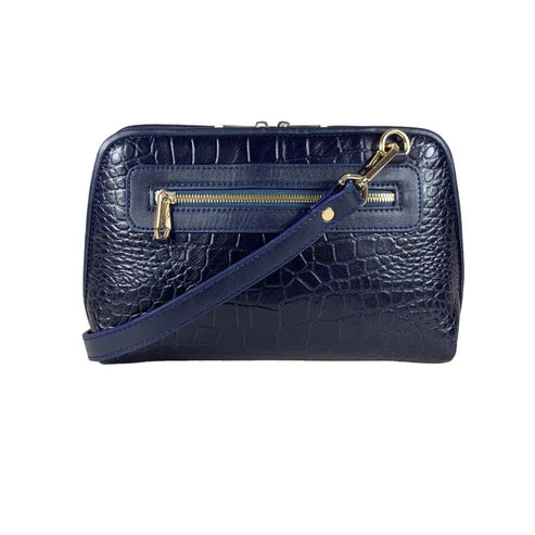 LeatherLuxe navy blue leather clutch bag and shoulder crossbody handbag for women – elegant, premium genuine leather design with adjustable strap and gold accents.