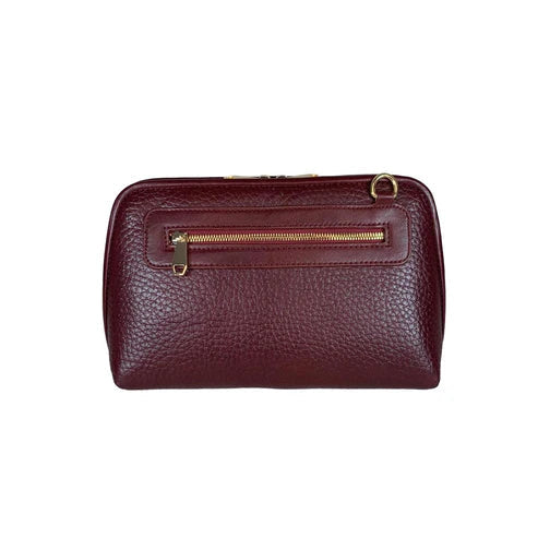 LeatherLuxe dark red genuine leather clutch bag with detachable crossbody and shoulder strap, premium women’s evening purse with gold hardware