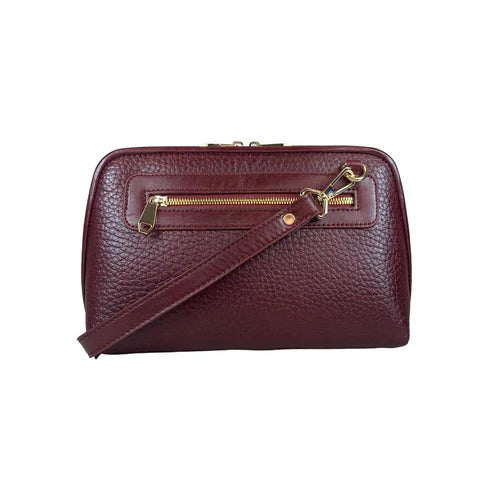 LeatherLuxe dark red genuine leather clutch bag with detachable crossbody and shoulder strap, premium women’s evening purse with gold hardware