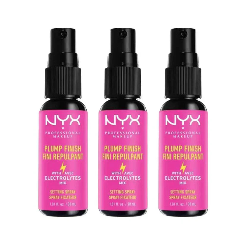 Three bottles of NYX Plump Finish Setting Spray on a white background