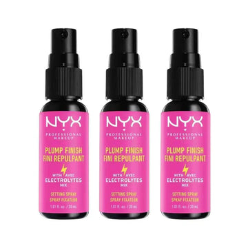 Three bottles of NYX Plump Finish Setting Spray on a white background