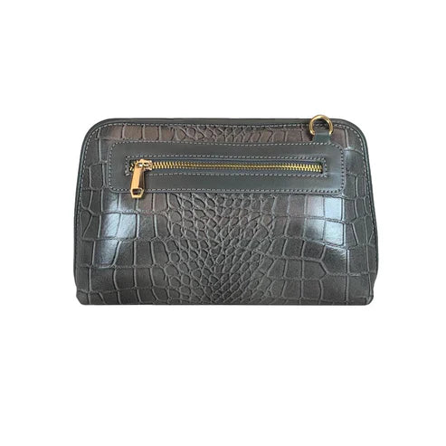 LeatherLuxe silver leather clutch and crossbody bag with detachable shoulder strap, elegant metallic finish, and minimalist luxury design for evening and casual wear.