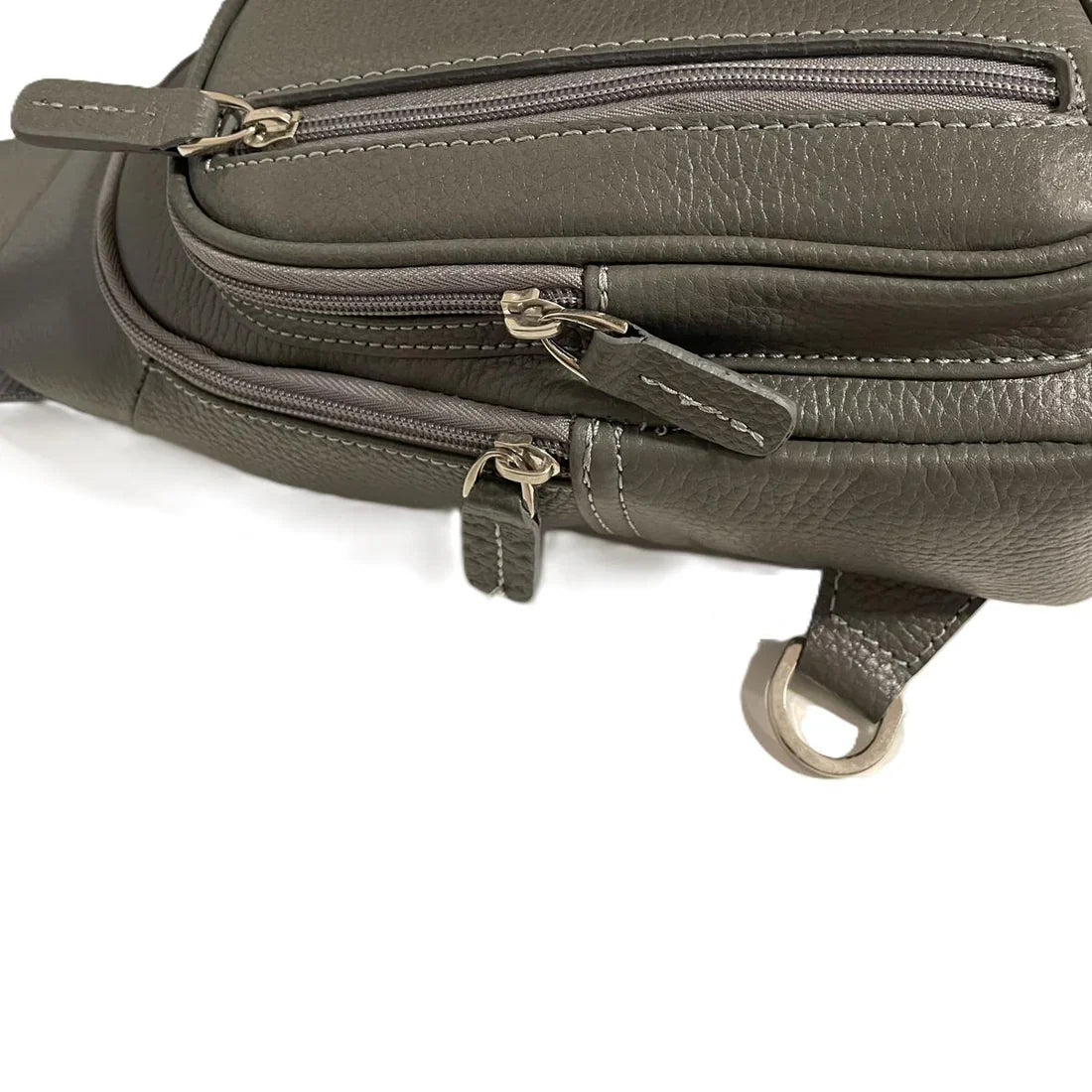 LeatherLuxe grey leather unisex sling bag – premium crossbody shoulder bag with adjustable strap, modern minimalist design, ideal for everyday use.