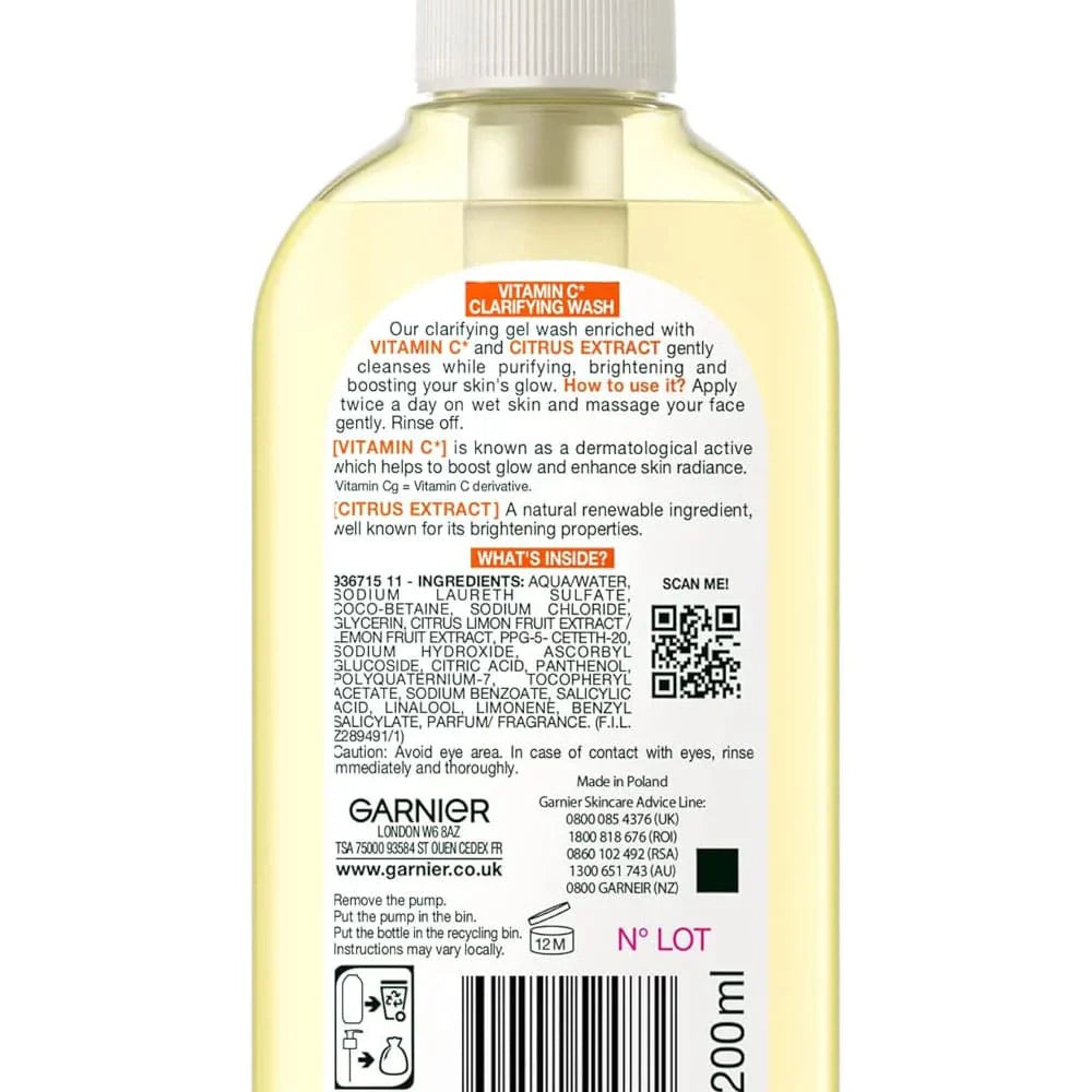 Garnier 3x Skin Active Vitamin C Clarifying Face Wash 200ml for bright, clear and refreshed skin