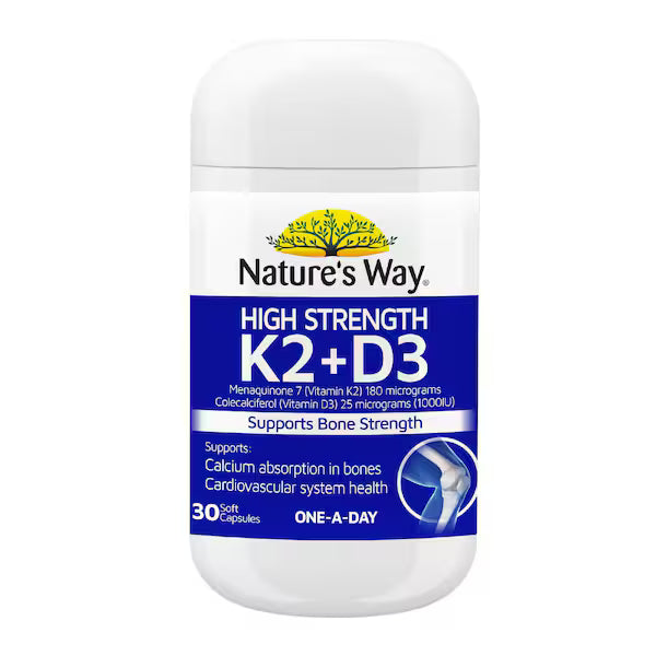 Nature’s Way Vitamin K2 + D3 30 Tablets bottle – bone health and immune support supplement with essential vitamins for calcium absorption.