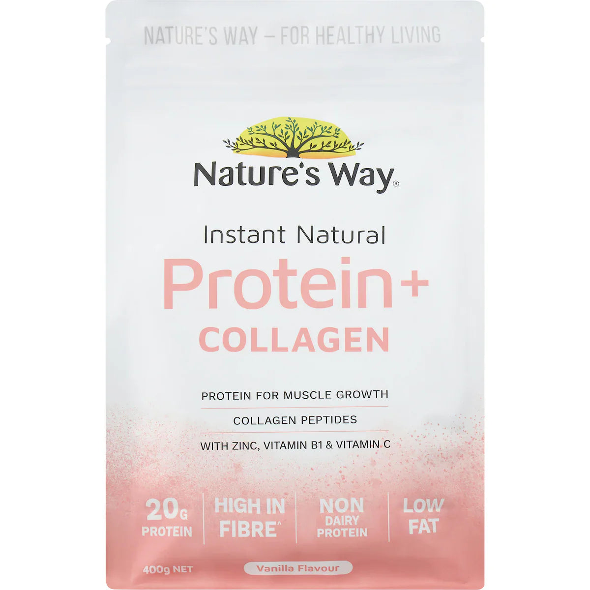 Nature's Way Protein Plus Collagen 400g vanilla protein powder with added collagen peptides for muscle recovery and skin health