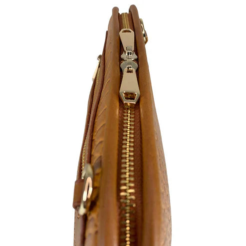 Light brown leather clutch bag with crocodile-style texture, crossbody shoulder strap, and elegant design — LeatherLuxe women’s handbag.