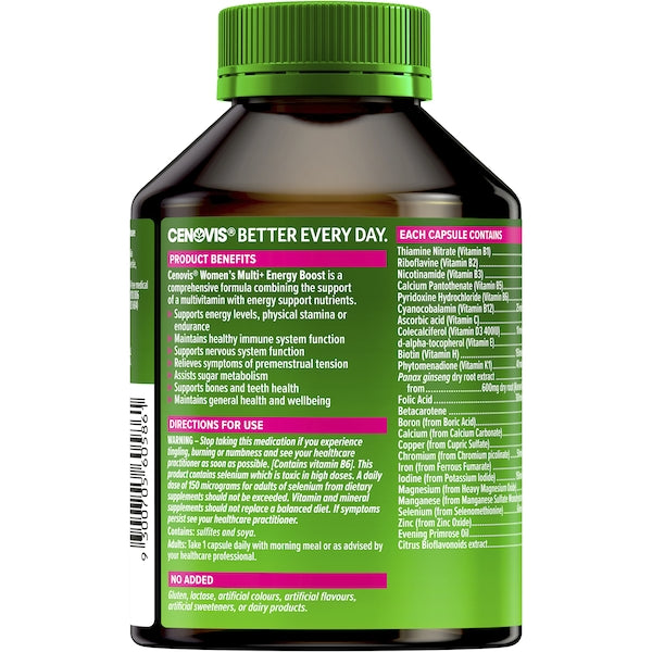 Cenovis Once Daily Women’s Multi + Energy Boost Capsules 100 pack – women’s multivitamin supplement for daily energy, immunity, and vitality support.