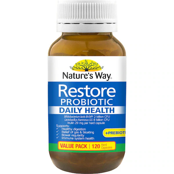 Nature’s Way Restore Probiotic Daily Health Hard Capsules 120 pack – premium probiotic supplement supporting gut health, digestive balance, and immune wellbeing.