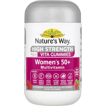Nature's Way Women's 50+ Multivitamin Adult Vita Gummies 60 pack, a dietary supplement for women over 50, featuring gummy vitamins with essential nutrients like vitamins A, C, D, and E, to support health, energy, and immunity.