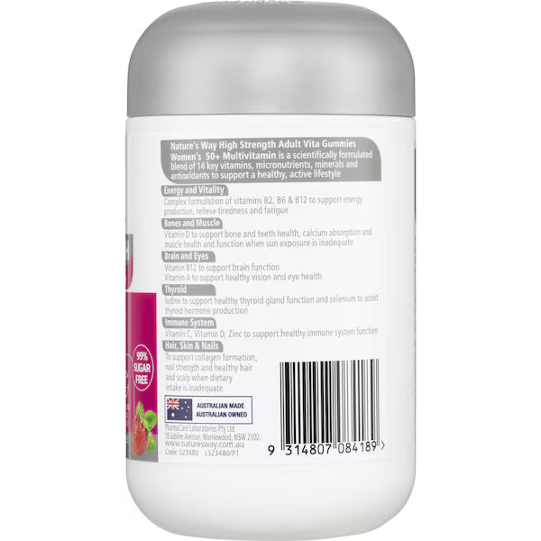 Nature's Way Women's 50+ Multivitamin Adult Vita Gummies 60 pack, a bottle containing 60 chewable gummies for women over 50, designed to support overall health and wellness with essential vitamins and minerals.