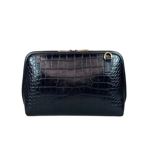 LeatherLuxe black leather clutch bag with detachable shoulder strap and crossbody option – elegant women’s evening handbag made of premium genuine leather.