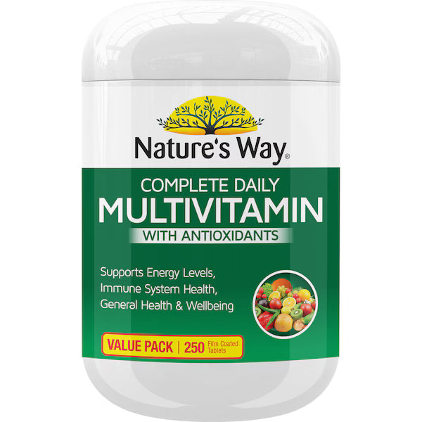 Nature's Way Daily Multivitamin with Antioxidants Coated Tablets, 250-pack, providing essential vitamins and antioxidants for overall health and wellness.