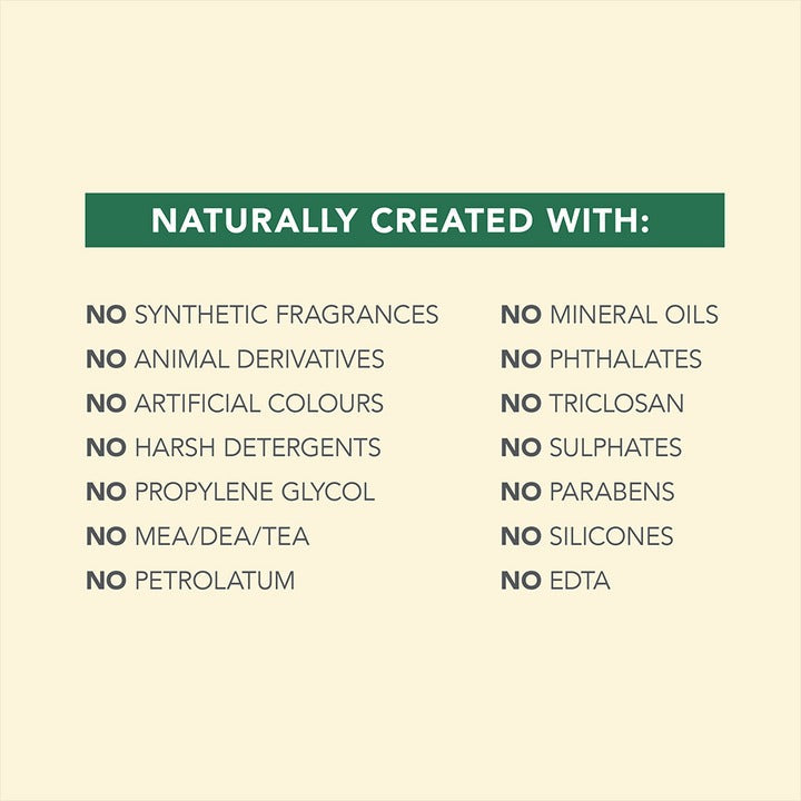 List of natural product ingredients on a beige background with a green banner.