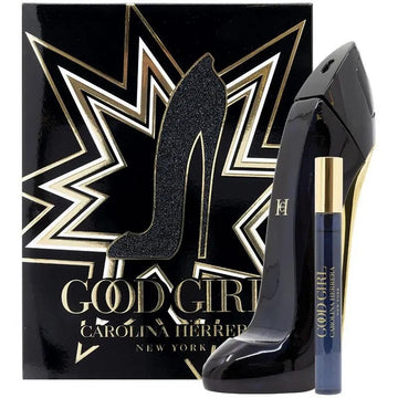 Carolina Herrera Good Girl perfume set with black and gold packaging.