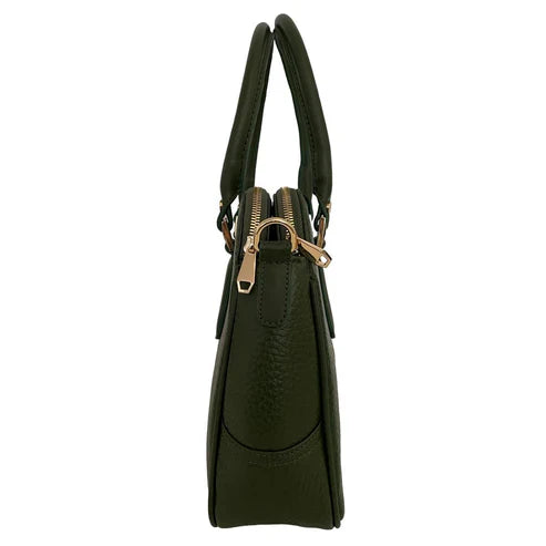 Elegant green leather office bag with detachable shoulder strap, ideal for professionals and business travel.