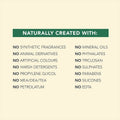 List of natural ingredients not used in a product on a beige background with green text box.
