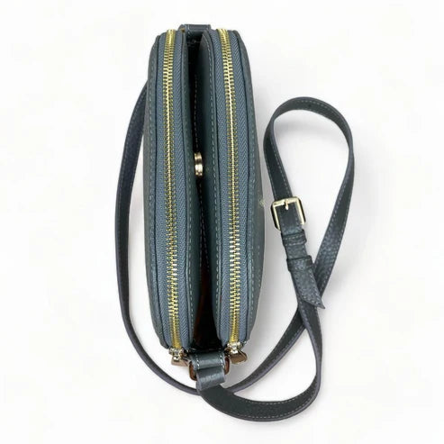 Elegant gray leather women’s shoulder bag and crossbody purse by LeatherLuxe — premium genuine leather handbag with adjustable strap and minimalist modern design.
