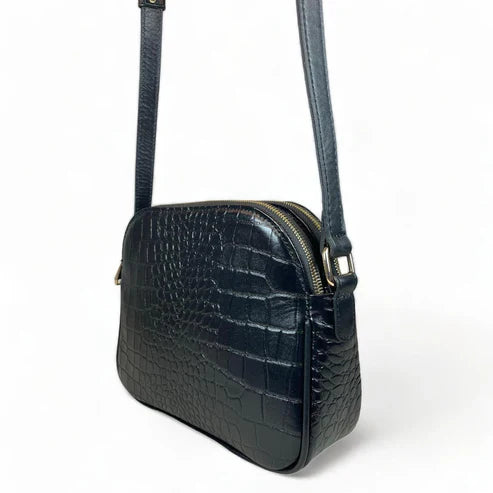LeatherLuxe black leather women's shoulder bag and crossbody purse with sleek design and gold-tone hardware